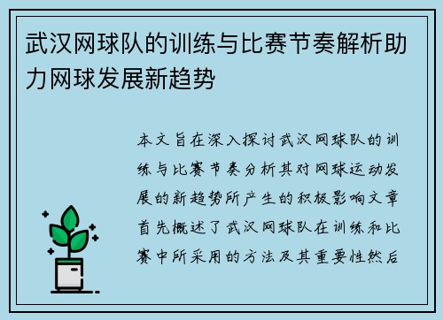 武汉网球队的训练与比赛节奏解析助力网球发展新趋势