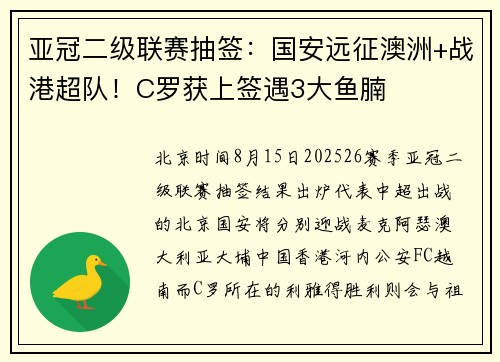 亚冠二级联赛抽签：国安远征澳洲+战港超队！C罗获上签遇3大鱼腩